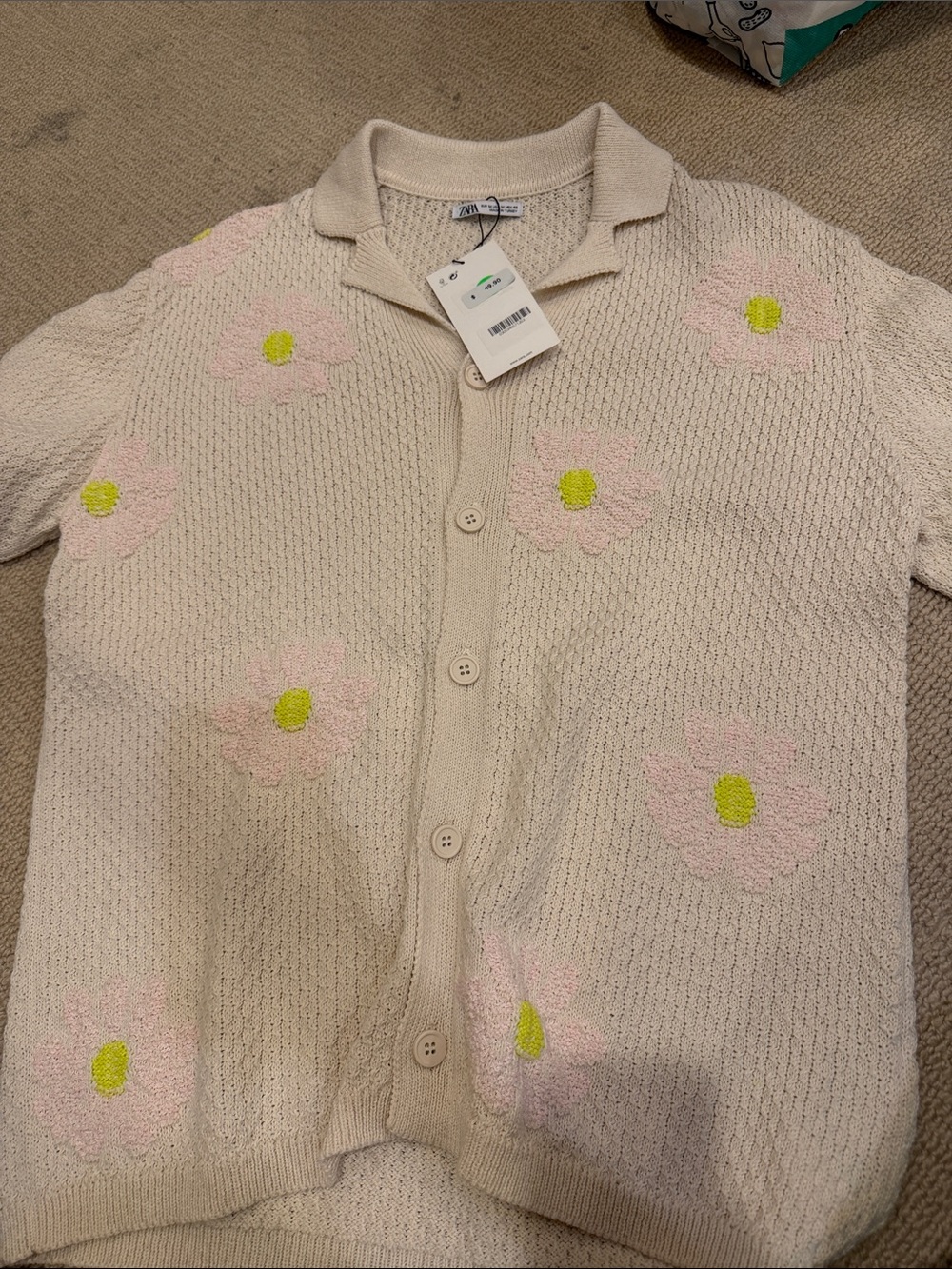 ZARA Cream Knit Collared Cardigan with Pink Floral Accent